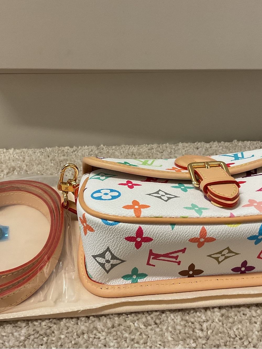 NWOT White Multicolor Monogram Crossbody Bag with Tan Trim - Picture 8 of 11